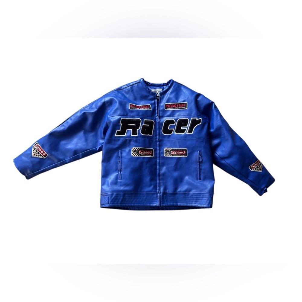 Formula One Racing Staff Source Jeans Blue Leather Motorcycle Jacket Size 2X